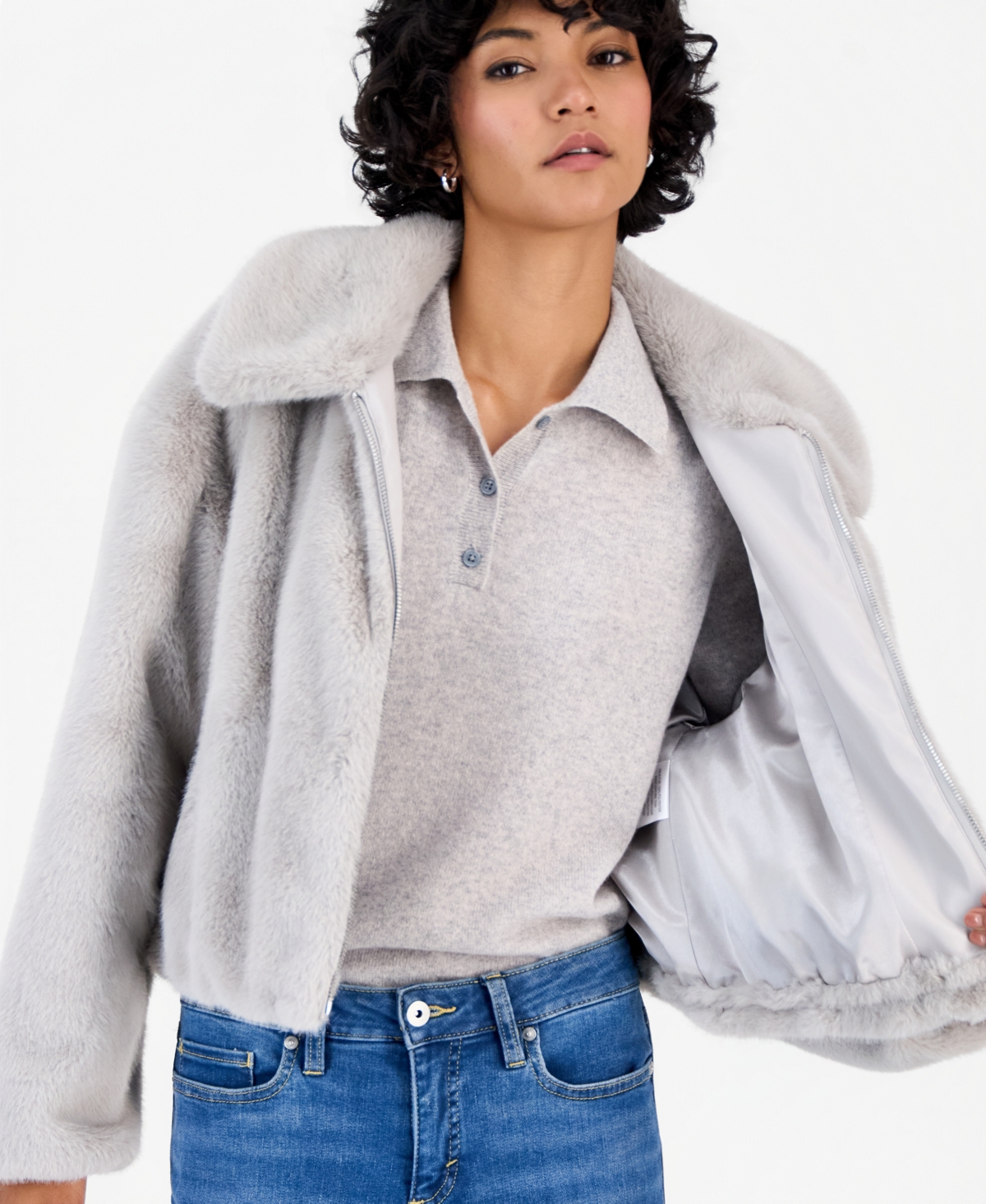 CeCe Petite Faux Fur Bomber Jacket