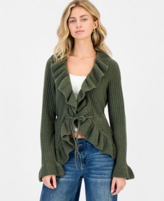 Juniors' Tie Front Ruffle Cardigan