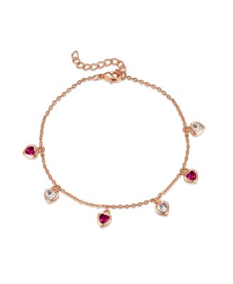 18k Rose Gold Plated with Red & White Cubic Zirconia stones Heart Dangle Charm Adjustable Bracelet