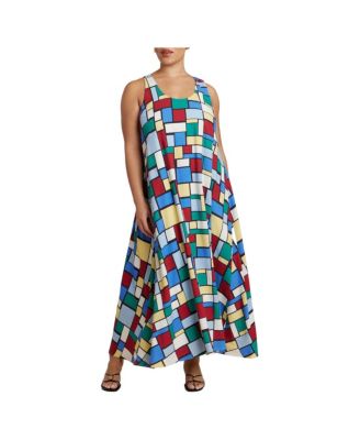 Women's Plus Size Printed Linen Trapeze Dress
