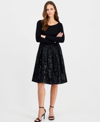 Women's Serentiy Boat Neck Long-Sleeve Sequin Dress