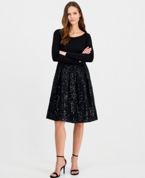 Женское платье Anne Klein Serentiy Boat Neck Long-Sleeve Sequin, цвет: Чёрный