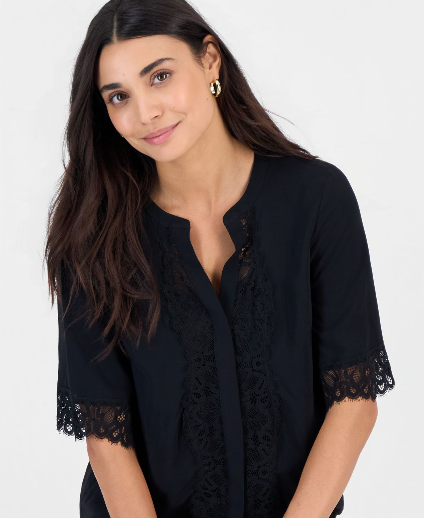 Женская блузка I.N.C. International Concepts Petite Lace-Trim Flowy-Sleeve, цвет: Глубокий чёрный — фото 2