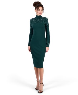 Women's Serenity Mock Neck Embellished Long Sleeve Midi Dress