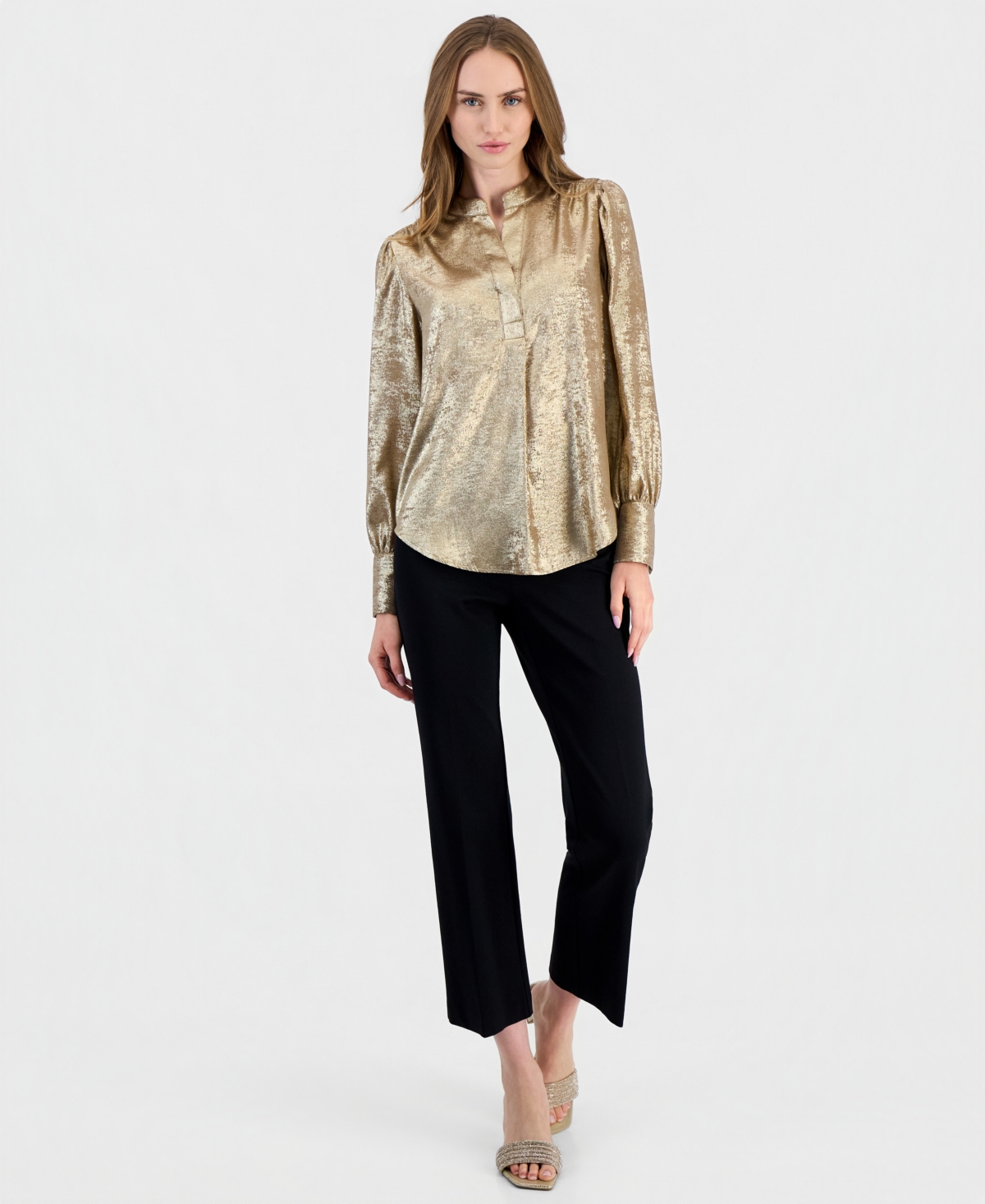 Anne Klein Women's Shimmer Pleat-Front Long-Sleeve V-Neck Blouse