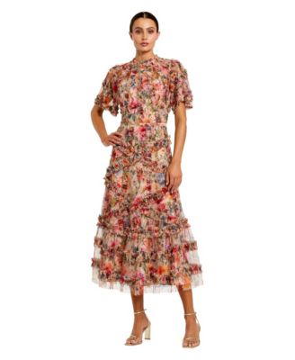 Women's Floral Flutter Sleeve Mesh Print Dress