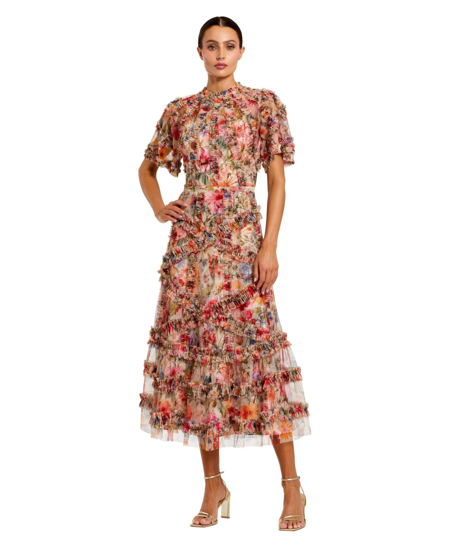 Женское платье Mac Duggal Floral Flutter Sleeve Mesh Print, цвет: Кремовый разноцветный — фото 1