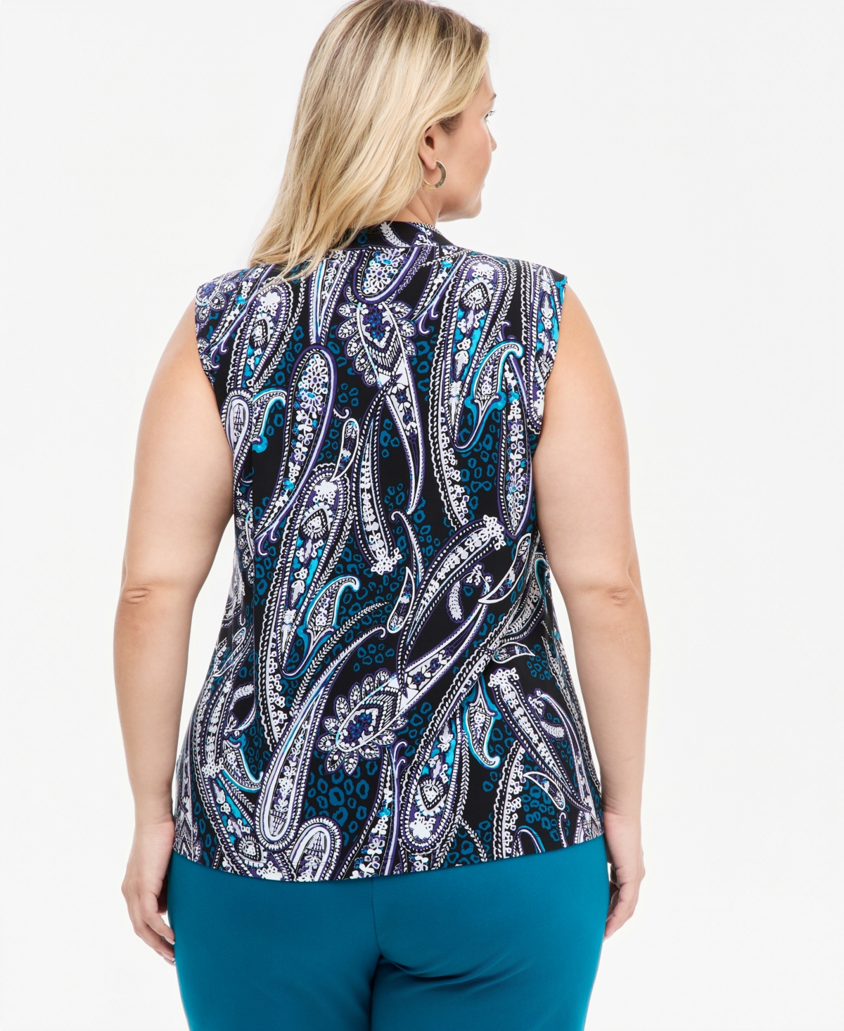 Kasper Plus Knot Front Sleeveless V-Neck Paisley Blouse
