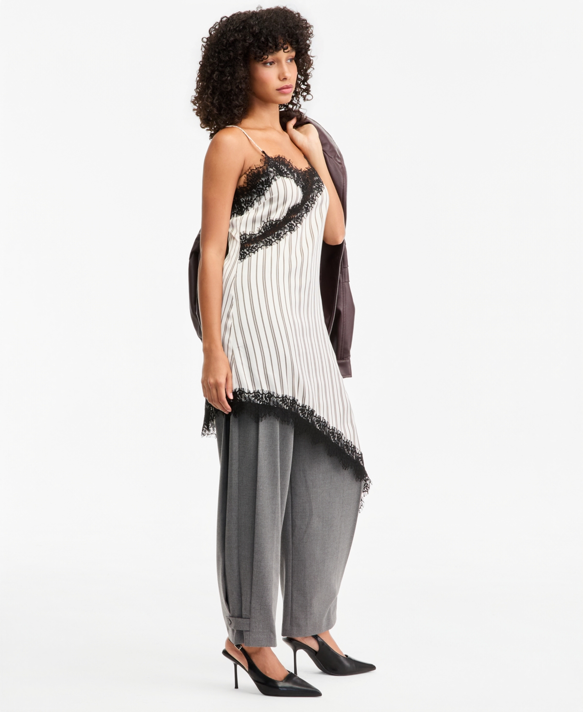 Bar Iii Women's Pinstripe V-Neck Lace-Trim Satin Dress, Macy's Exclusive