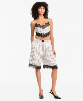 Bar III Women's Pinstripe Satin High-Waisted Lace-Trim Shorts
