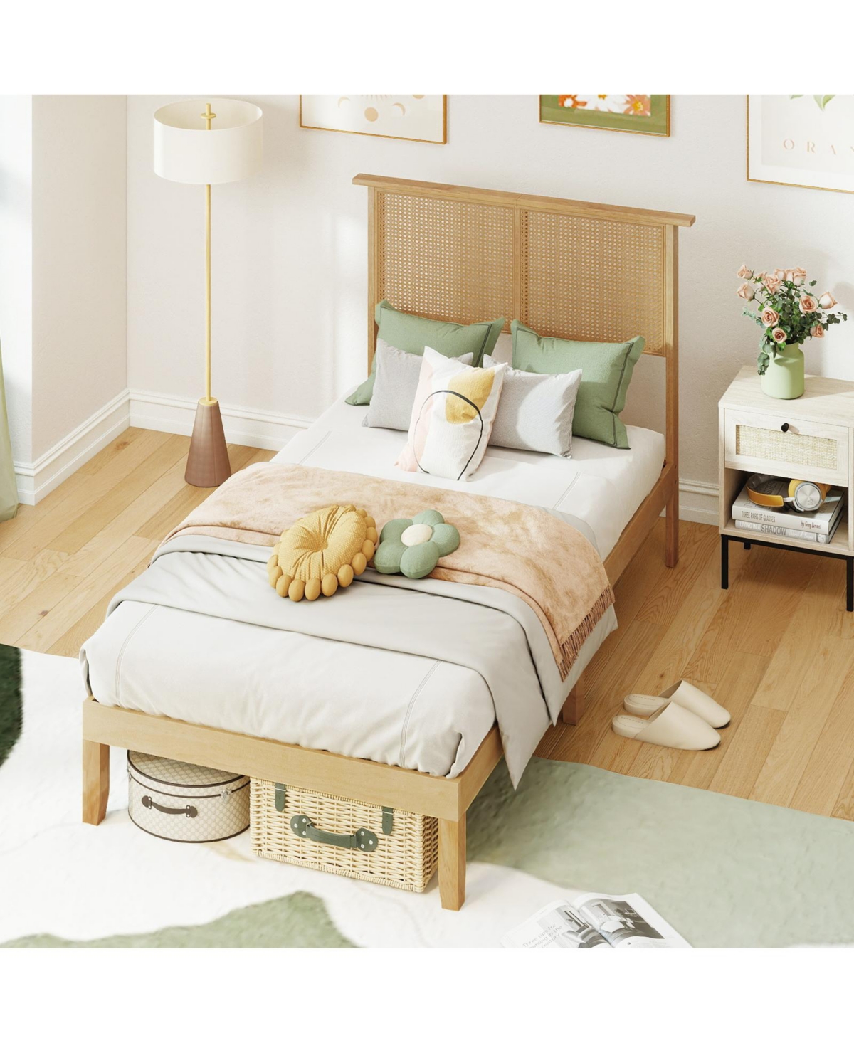 Slickblue Platform Bed Frame with Rattan Headboard and Durable Support