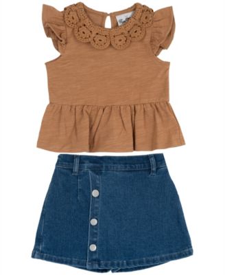 Toddler Girls' 2T-4T Crochet Collar Knit Top and Denim Skirt, 2-Piece Set