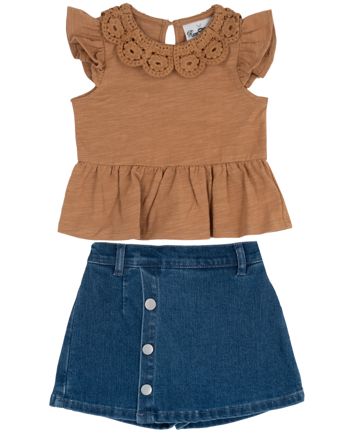 Комплект Rare Editions Crochet Collar Knit Top and Denim Skirt, 2-Piece Set для девочек-малышей, цвет: Коричневый — фото 1