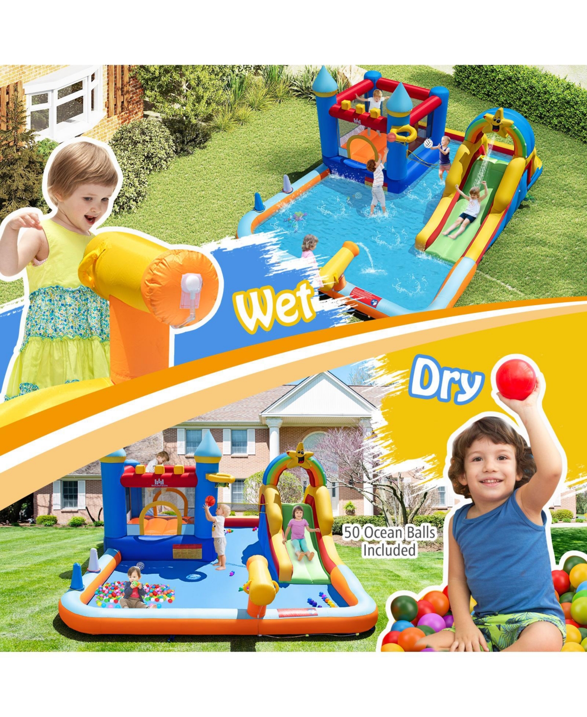 Gymax Giant Water Slide Bounce House with Climbing Wall Splash Pool and Basketball Hoop
