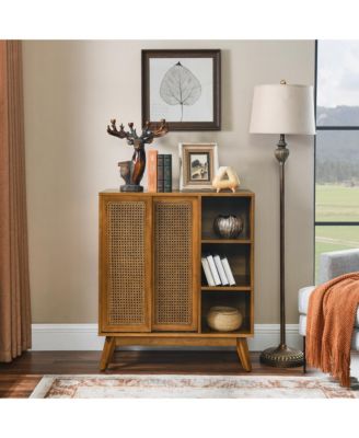  Mid Century Rattan Sideboard Cabinet with Adjustable Shelves and Wood Legs Light Wood