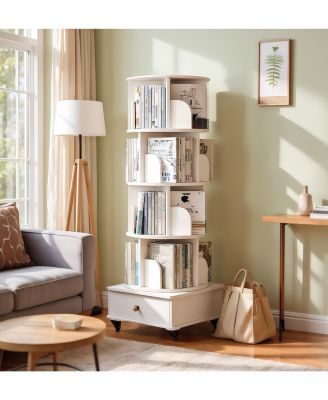 5-Tier 360 Degree Rotating Wooden Bookshelf with Single Drawer, Space-Saving Corner Home Organizer