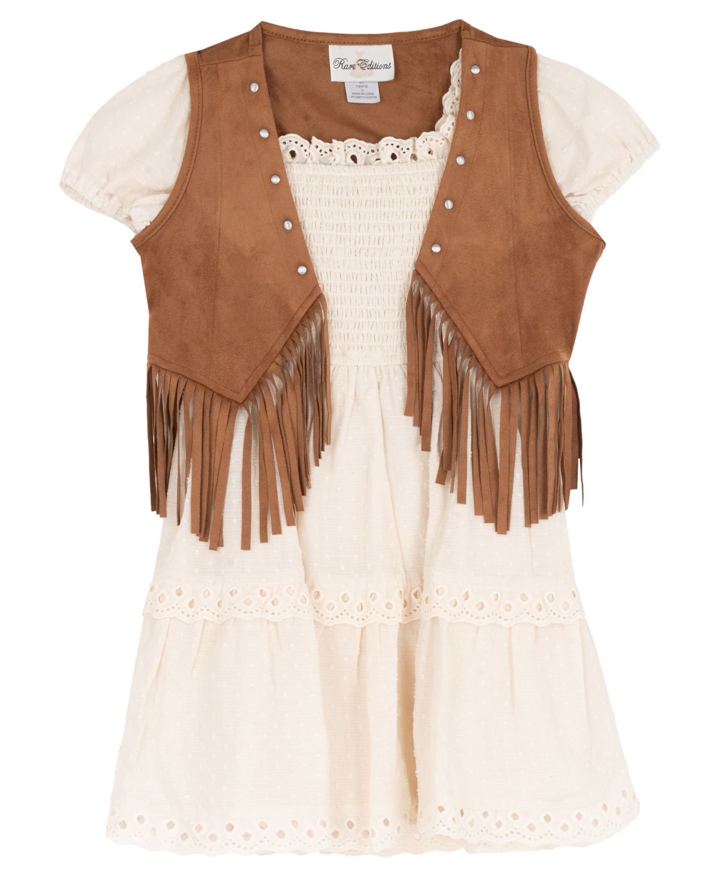 Комплект Rare Editions Suede Fringe Vest and Clip Dot Cotton Puff Sleeve Dress, 2-Piece Set для девочек, цвет: Слоновая кость — фото 4