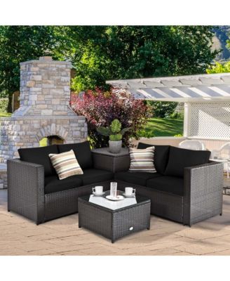 4 Piece Outdoor Patio Rattan Furniture Set Cushioned Loveseat Storage Table