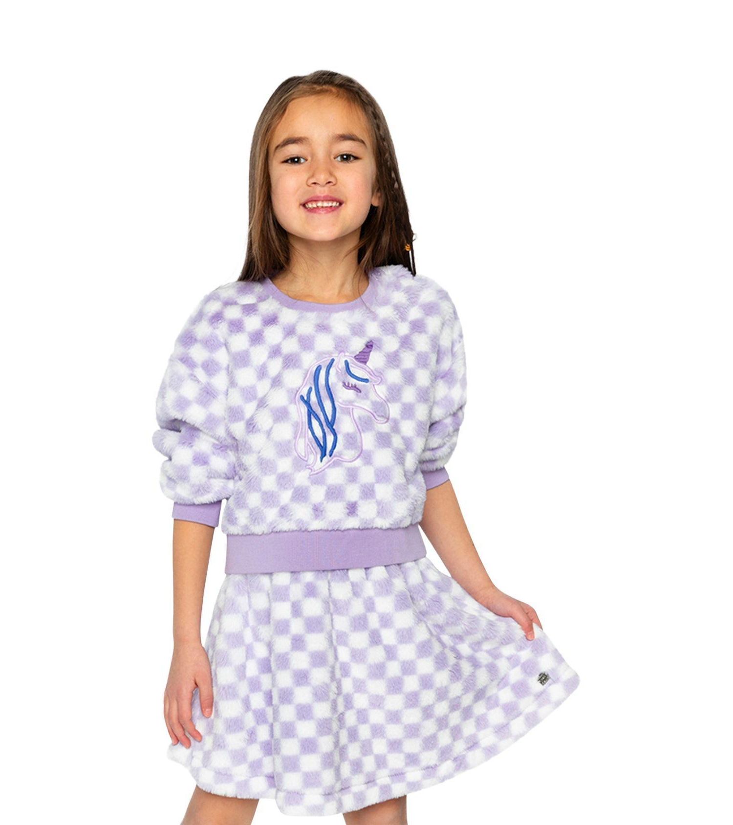 Little and Big Girl 6-12 Faux Fur Top Lilac and Tiles