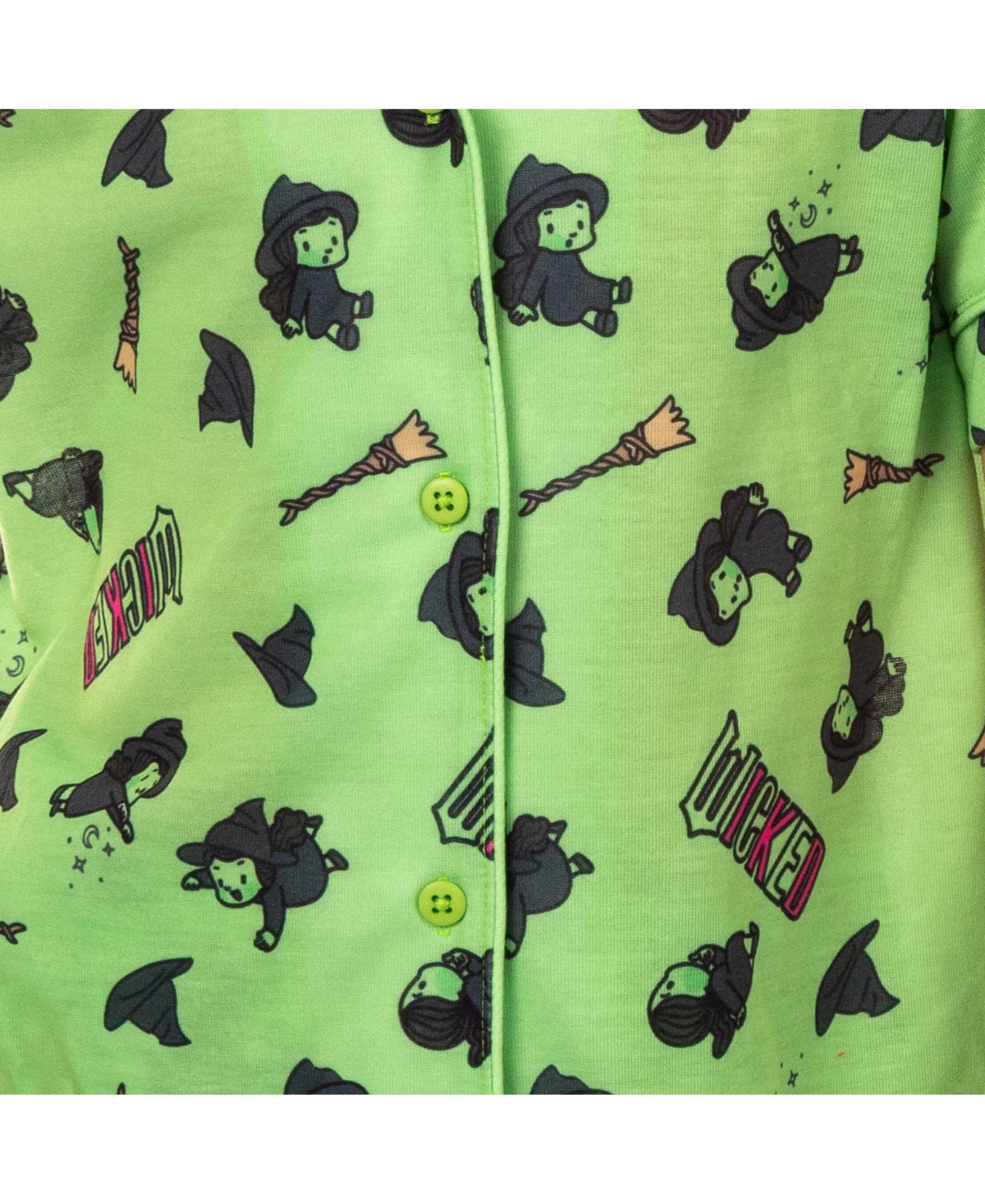 Wicked Girl's (6-16) Elphaba Pajamas Chibi Broom Hat Design Button Up Shirt and Pants Pajama Set