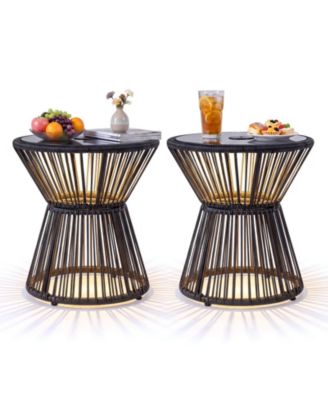 2 piece Outdoor Side Table With LED Warm Light PE Rattan Hourglass-Shaped End Table