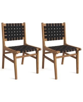 2 Pieces Solid Teak Hand-Woven Strap Outdoor Dining Chairs with Flex Support for Garden