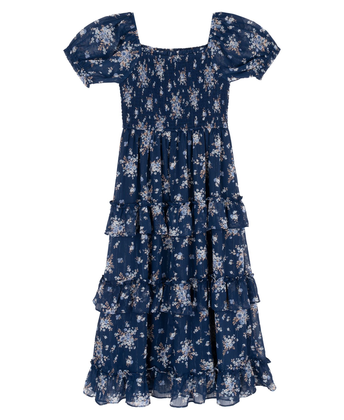 Платье Rare Editions Printed Lurex Chiffon Puff Sleeve Tiered Midi Dress для девочек, цвет: Тёмно-синий — фото 5
