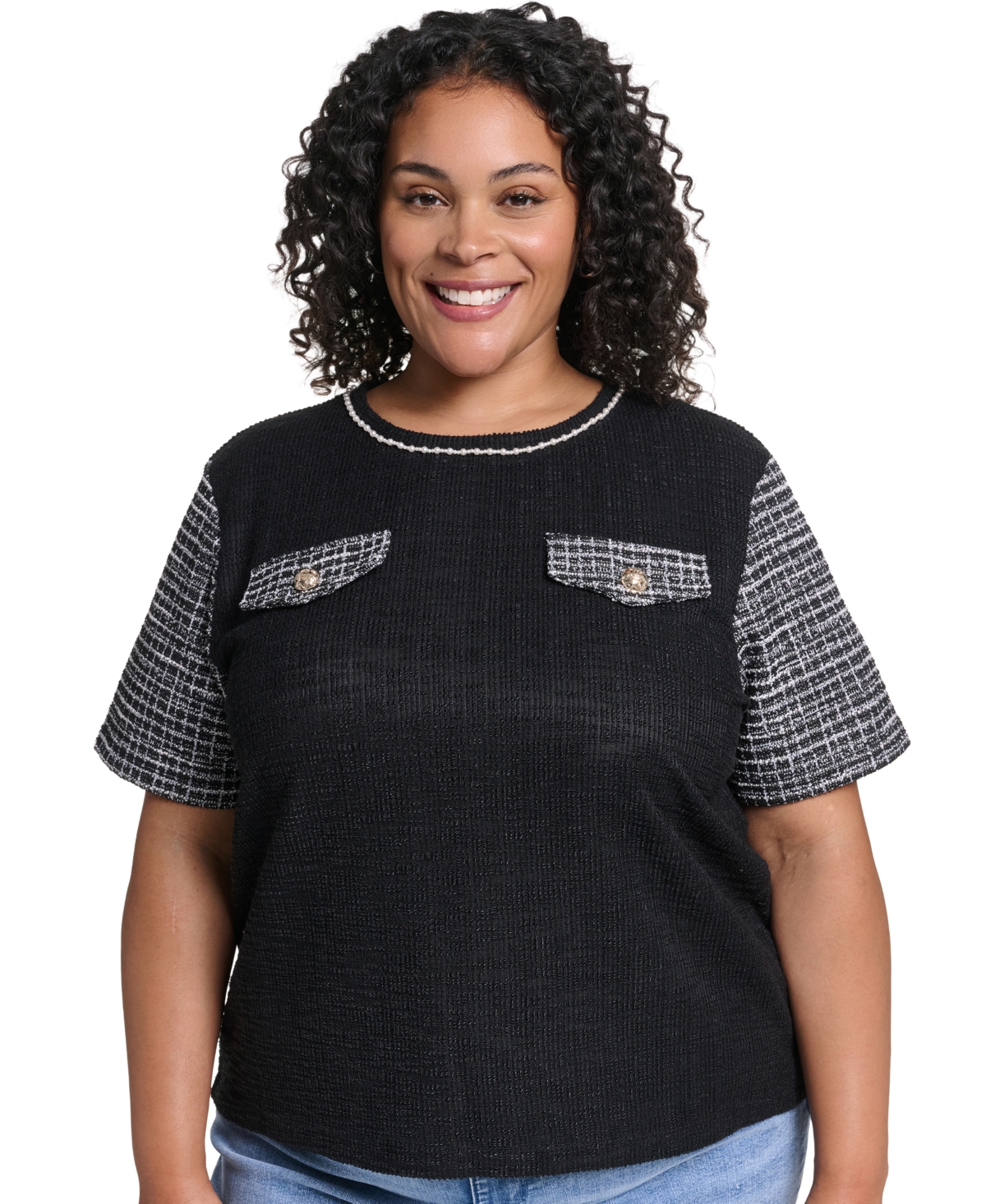 Karl Lagerfeld Paris Plus Tweed Knit Short-Sleeve Top
