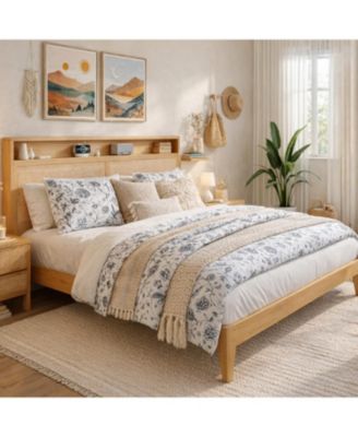 Rattan King Size Bed Frame with LED Lights, Boho Wood Bed Frame with Storage Headboard & Charging Station, No Box Spring Needed