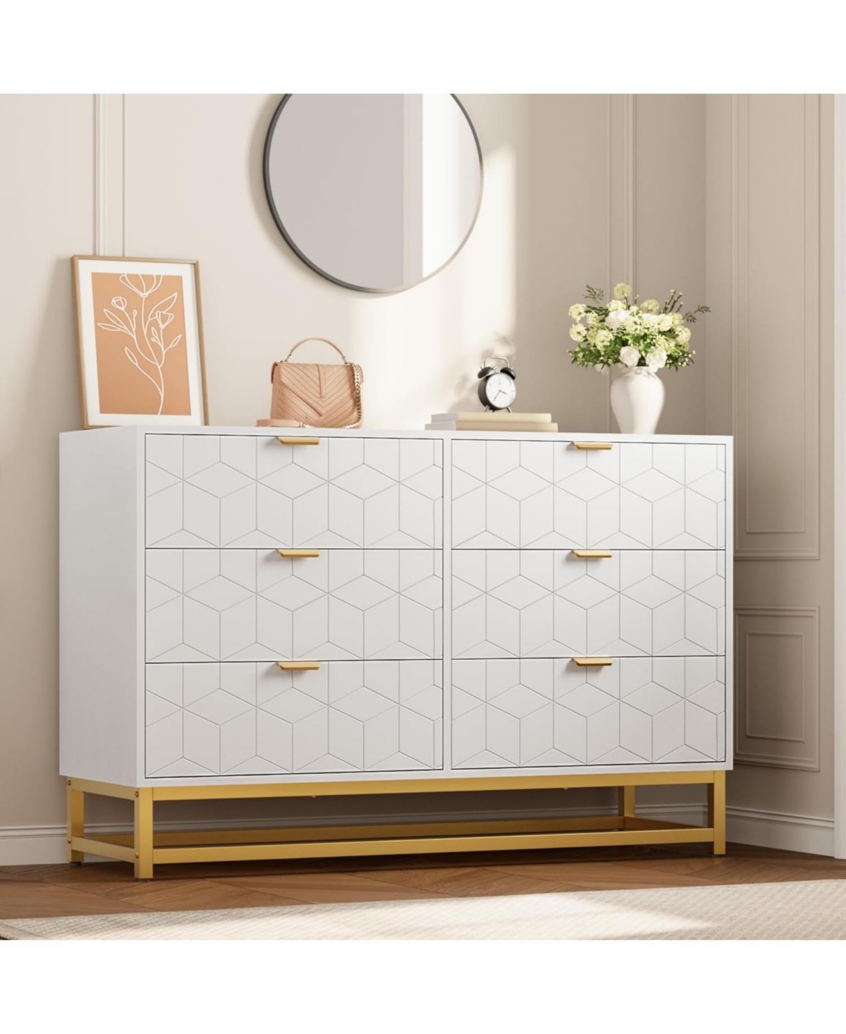 gaomon Grey Dresser for Bedroom, 6 Drawer Dresser with Metal Legs, Wood Dressers Chest Organizer with Wide Storage, Modern Chest of Drawers - white