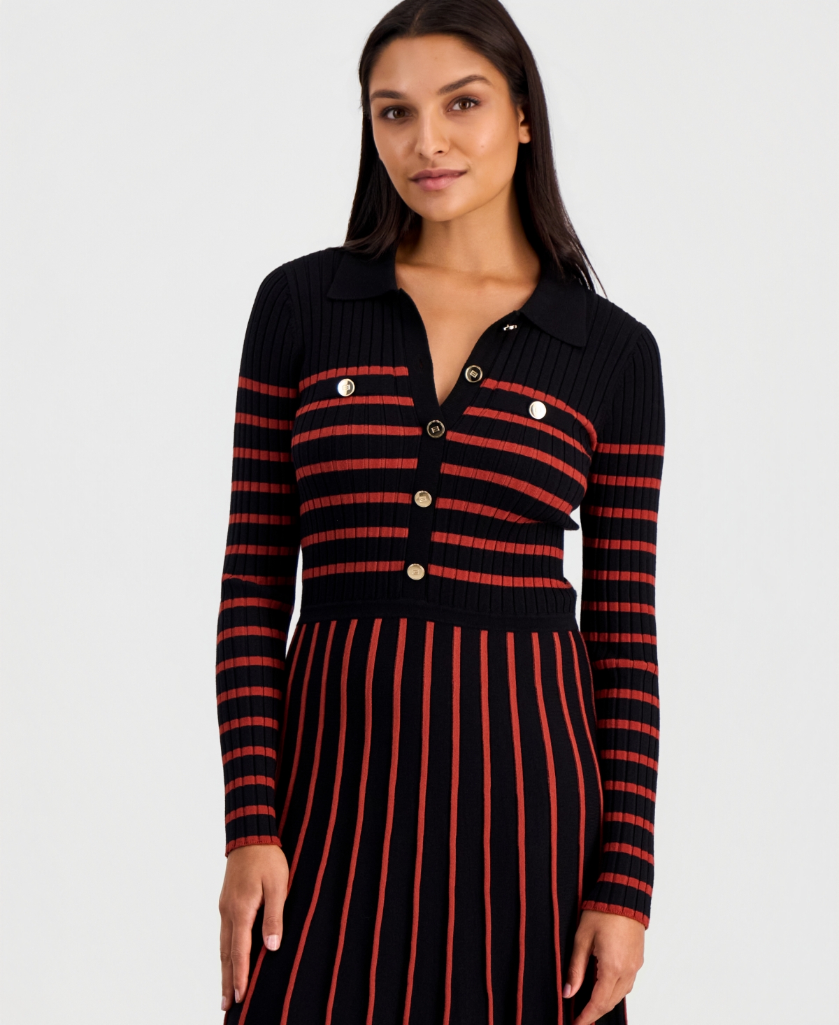 Elie Tahari Women's Elodie Long-Sleeve Collared Midi Sweater Dress