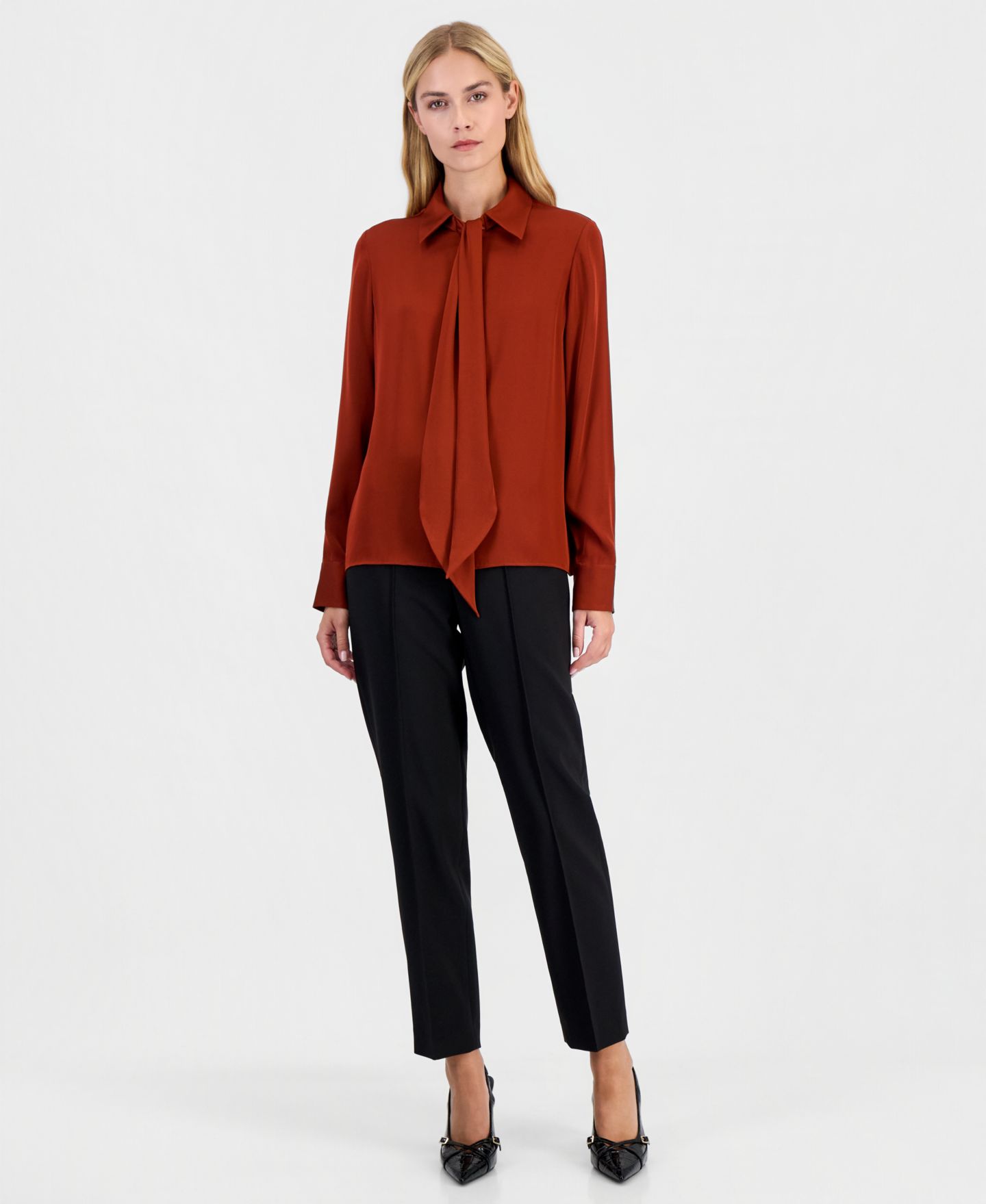Женская блузка Elie Tahari Solana Long-Sleeve Button-Down Silk-Blend, цвет: Toasted Saffron — фото 9