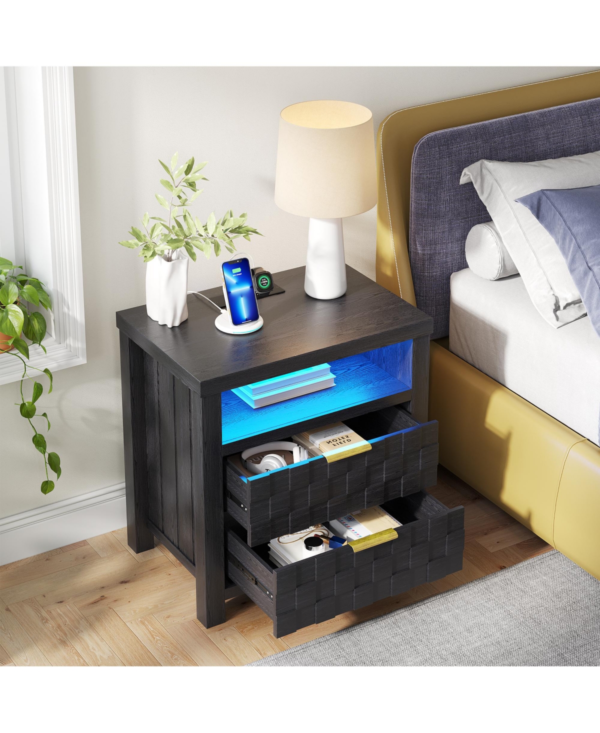 Vlsrka 25.6" Wide 2-Drawer Nightstand with Charging Station, Built-in Outlets and Usb Ports, Led Light Bedside Table, Modern Bedroom End Table