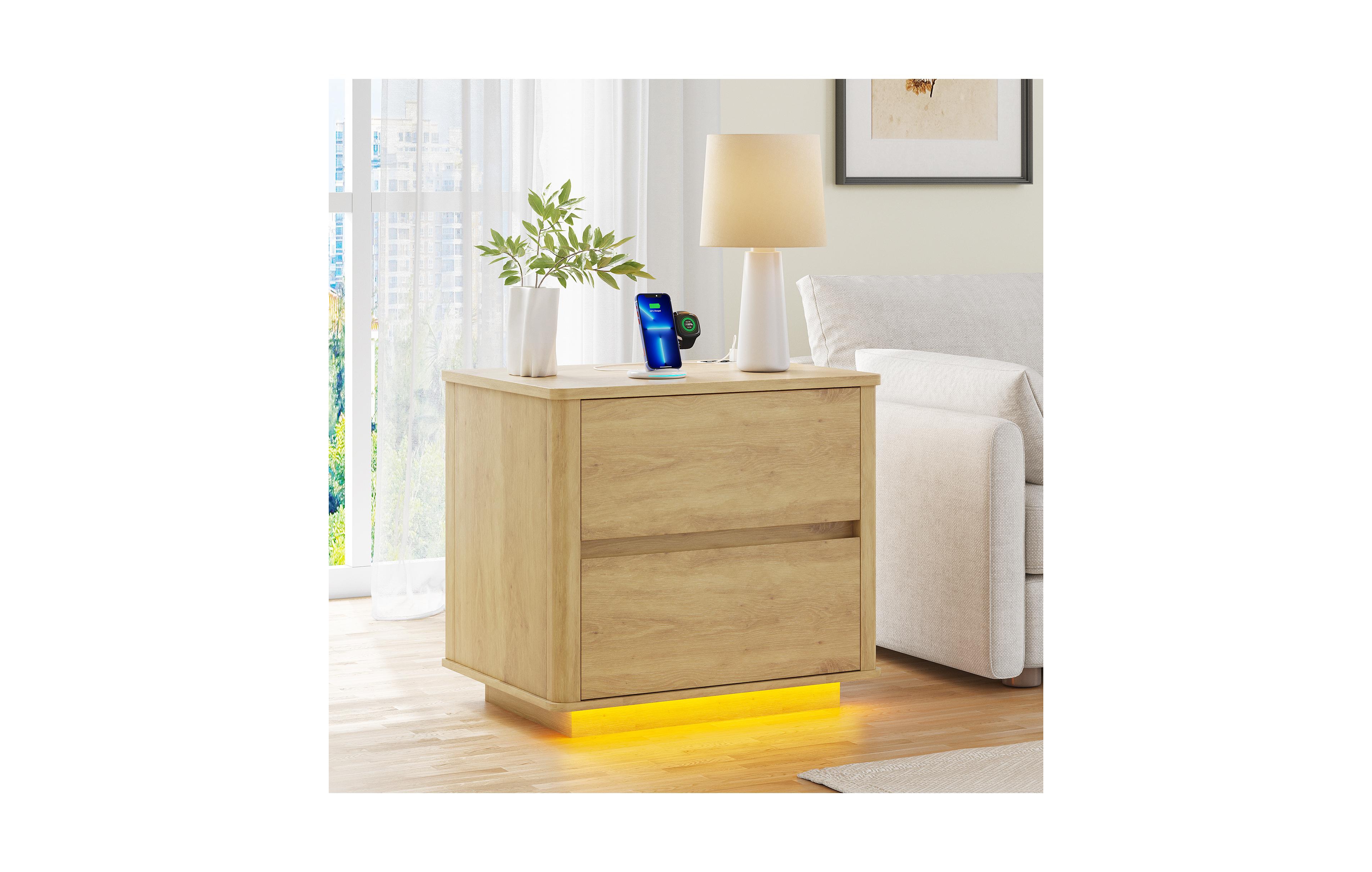 Vlsrka Modern Wooden Nightstand with Motion Sensor Light and 2 Drawers