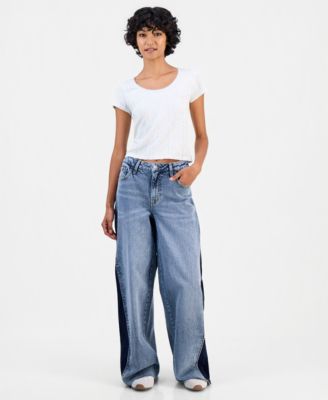 Juniors' Mid Rise Contrast Panel Wide-Leg Jeans