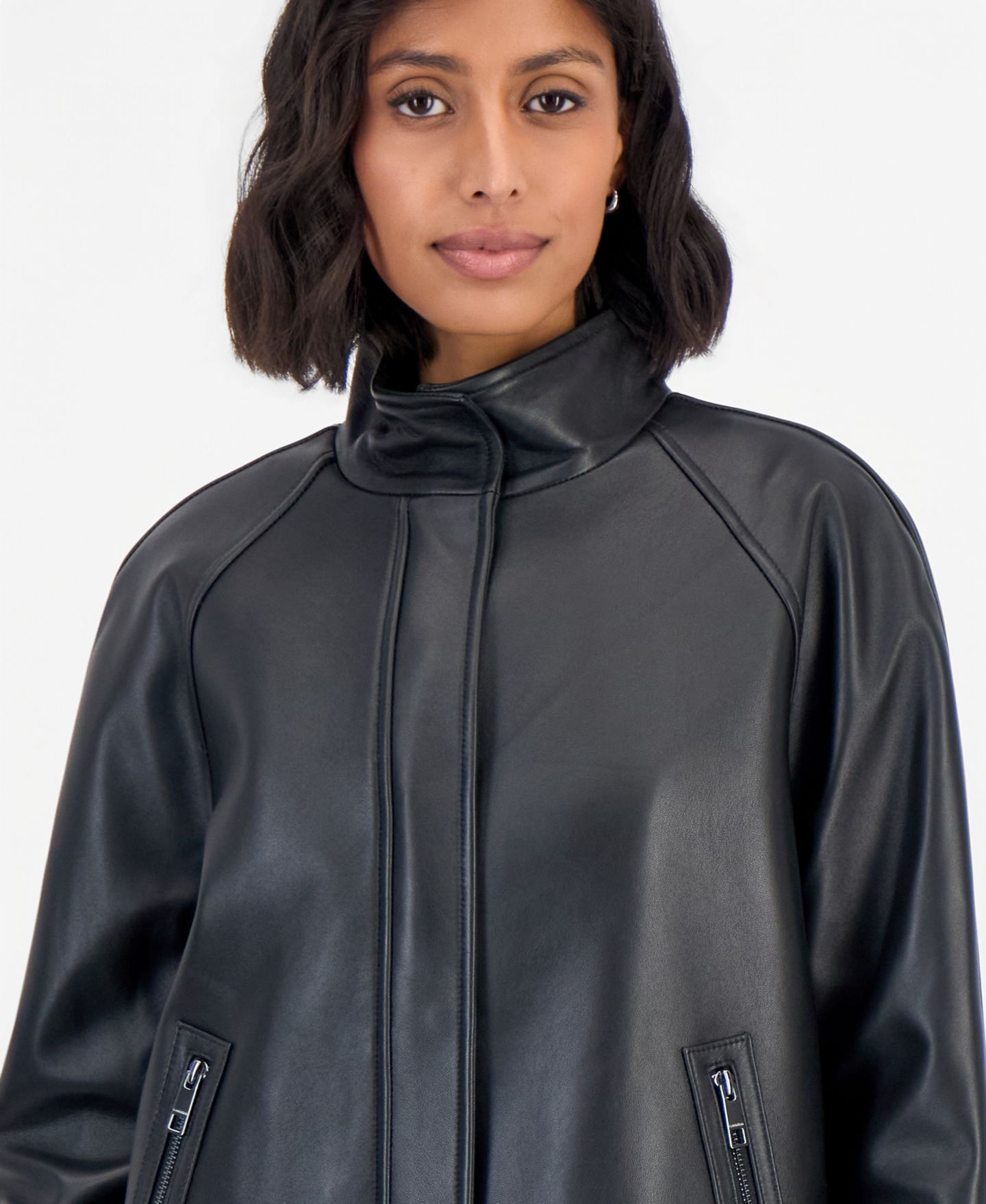 Женская куртка Calvin Klein Leather Stand-Collar Zip-Up, цвет: Чёрный — фото 3