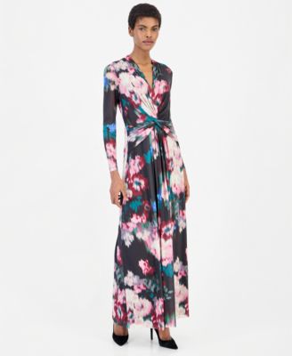 Women's Twist Front Maxi Floral Long-Sleeve A-Line Dress