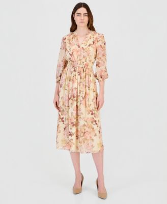 Women's Floral Smocked Waist Ruffle-Trim Midi Dress