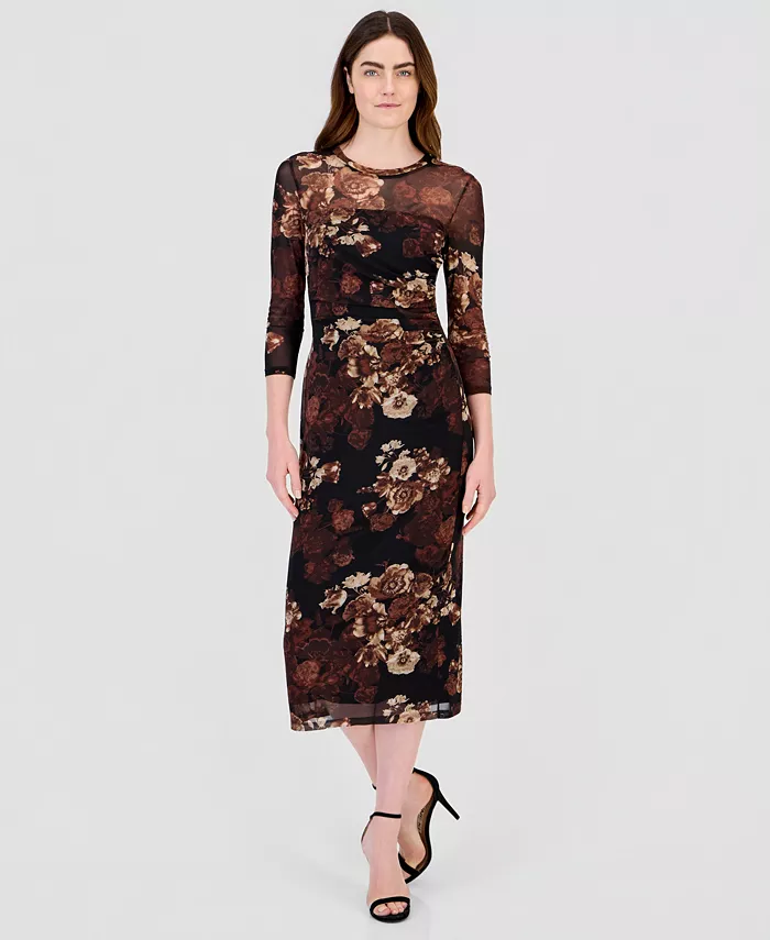 Women's Floral-Print Mesh Side-Ruched Midi Dress