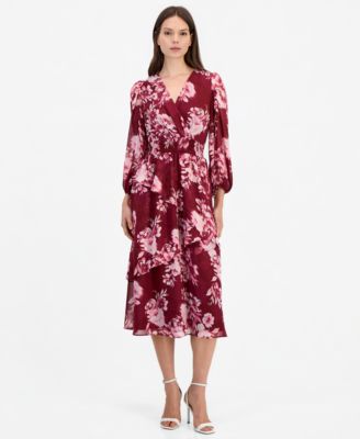 Women's Floral-Print Tiered Long-Sleeve Midi Dress