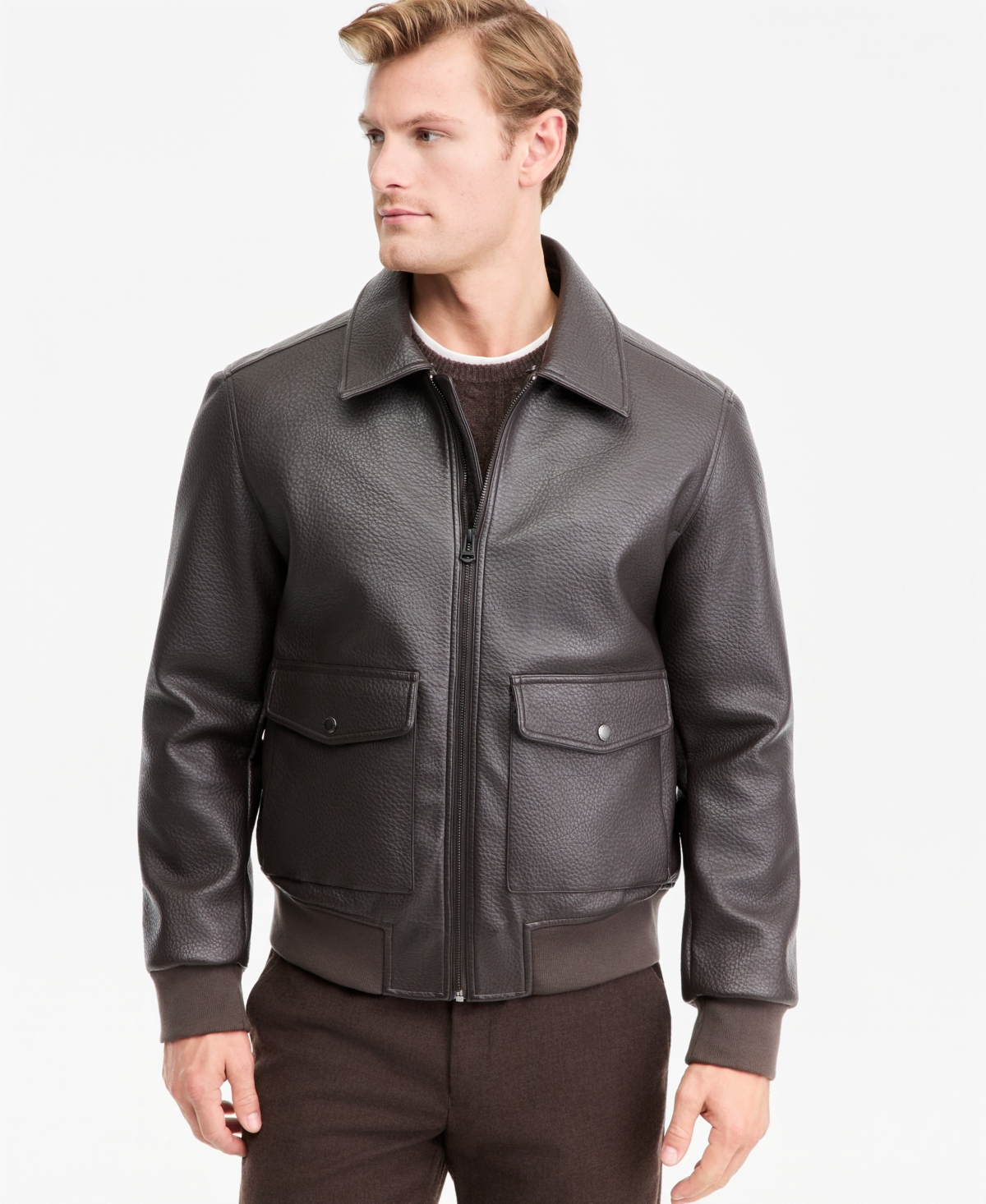 Cole Haan Men's Textured Leather Bomber Jacket - Dark Brown