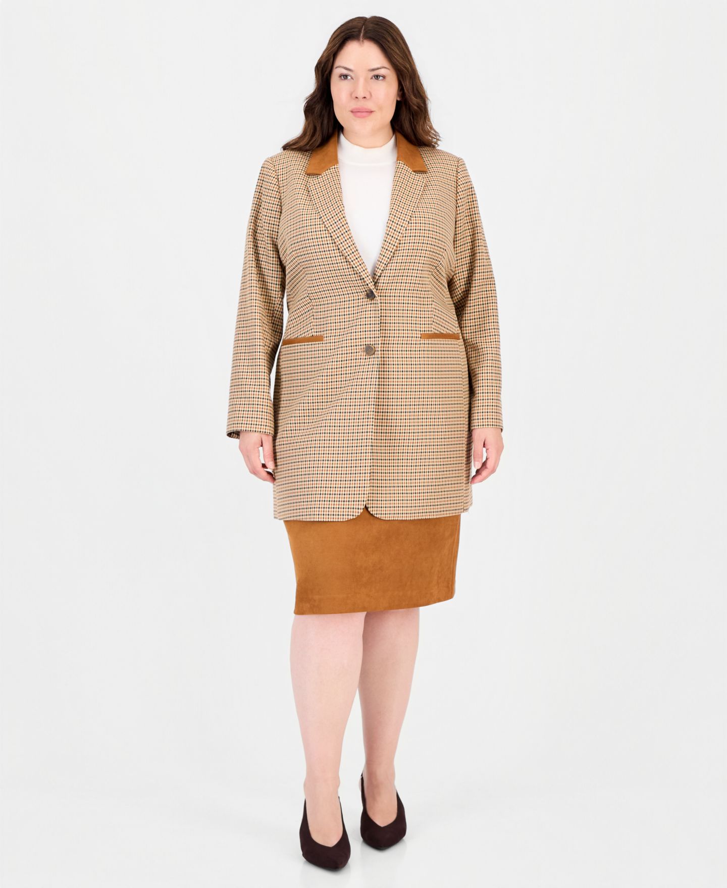 Женский пиджак Tahari Plus Size Plaid Long-Sleeve Blazer, цвет: Слоновая кость / Светло-коричневый — фото 2