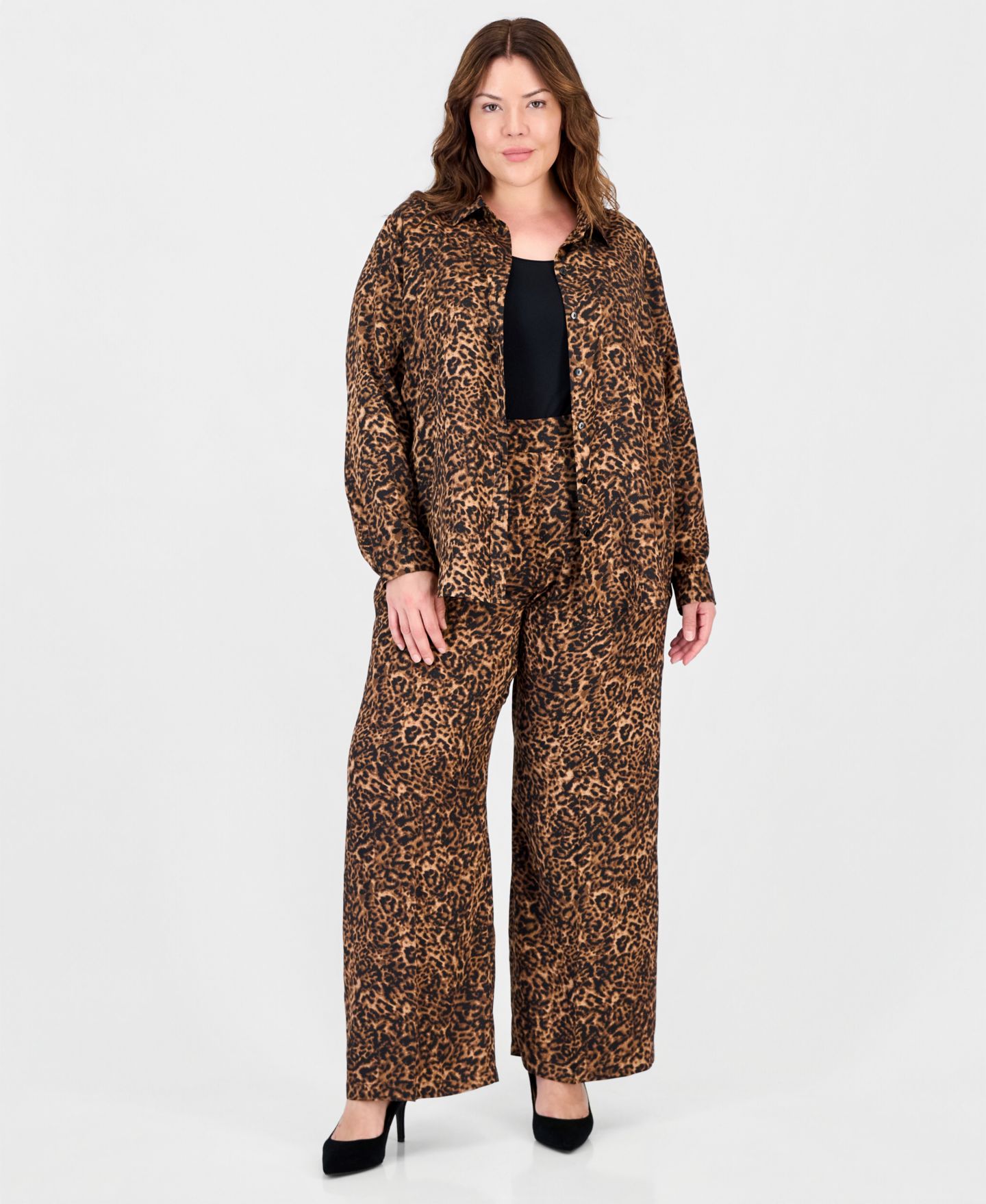 Женская блузка Tahari Plus Size Long-Sleeve Leopard-Print, цвет: Орех чёрный леопардовый — фото 2