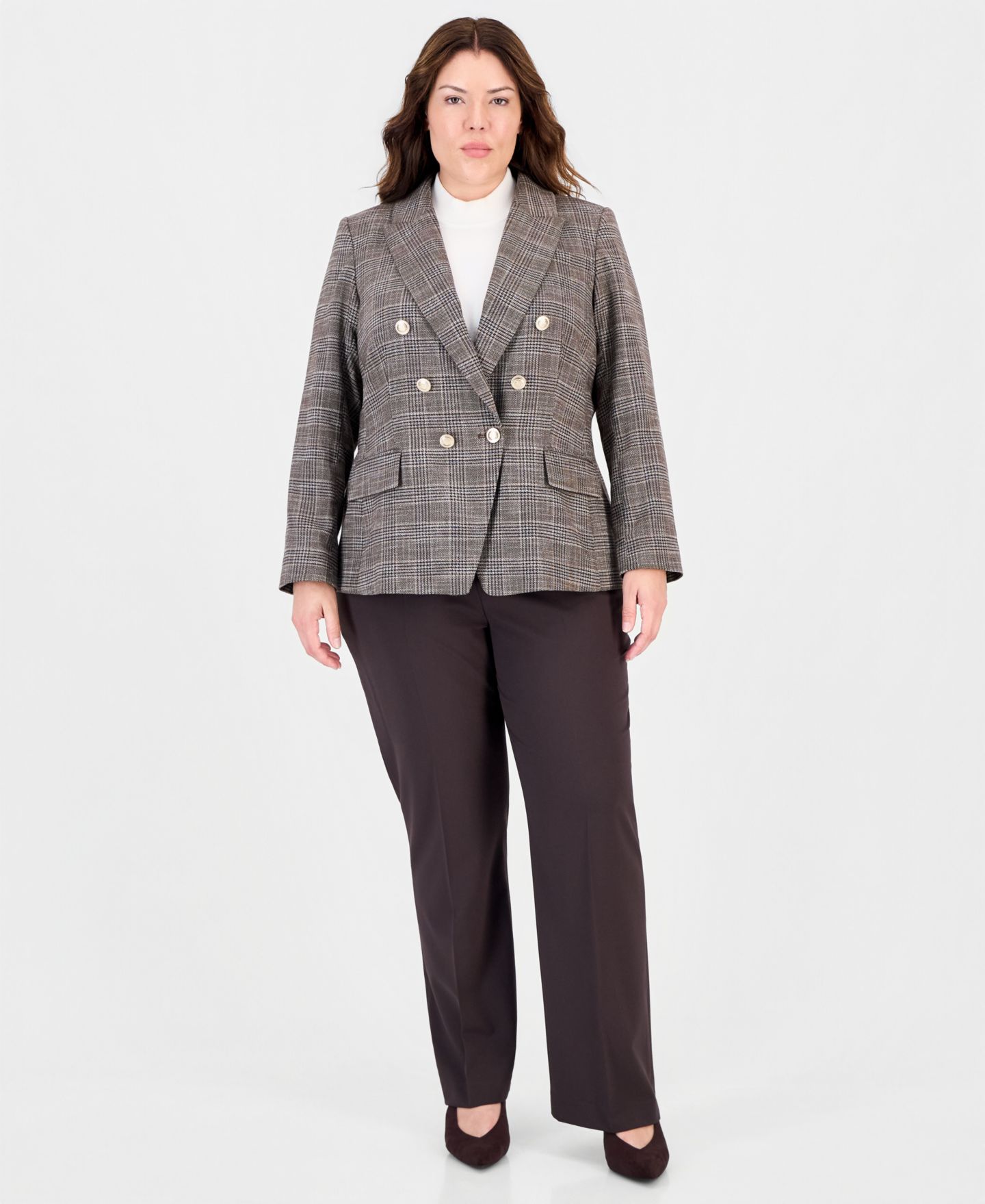 Женский пиджак Tahari Plus Size Plaid Double-Breasted Blazer, цвет: Тёмно-коричневый / Слоновая кость — фото 2
