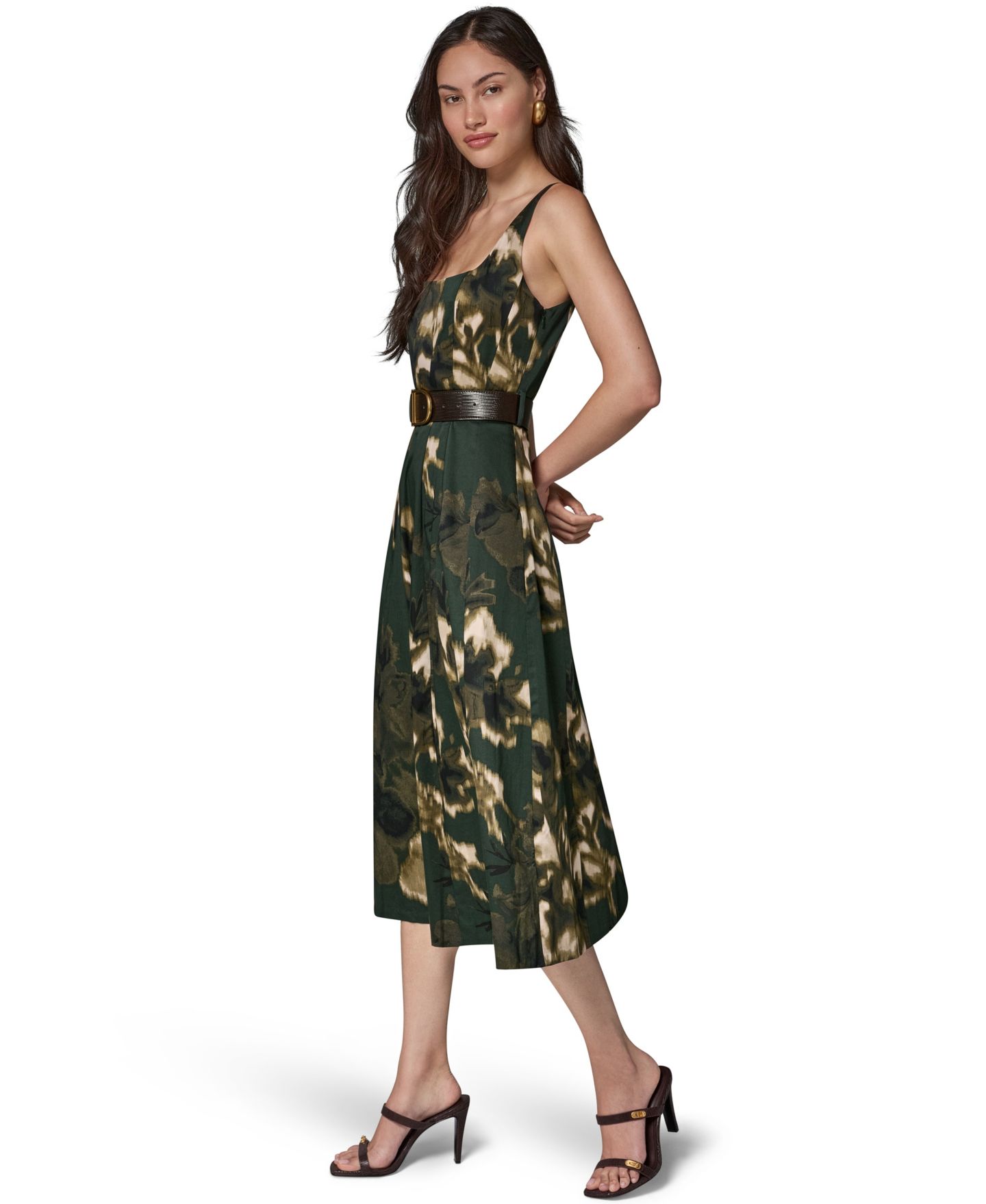 Женское платье Donna Karan New York Printed Square Neck Pleated Fit and Flare Dress with Belt, цвет: Чёрный разноцветный — фото 3