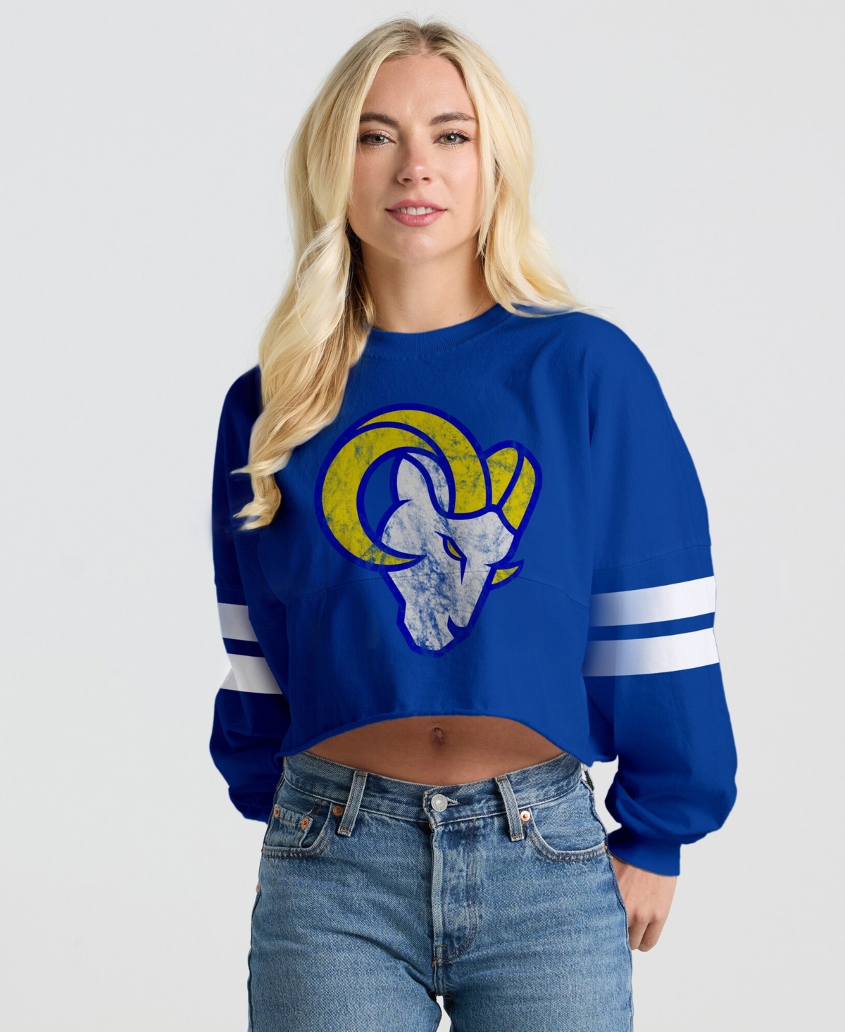 Spirit Jersey Women's Royal Los Angeles Rams Oversized Cropped Stripe Long Sleeve T-Shirt - Royal
