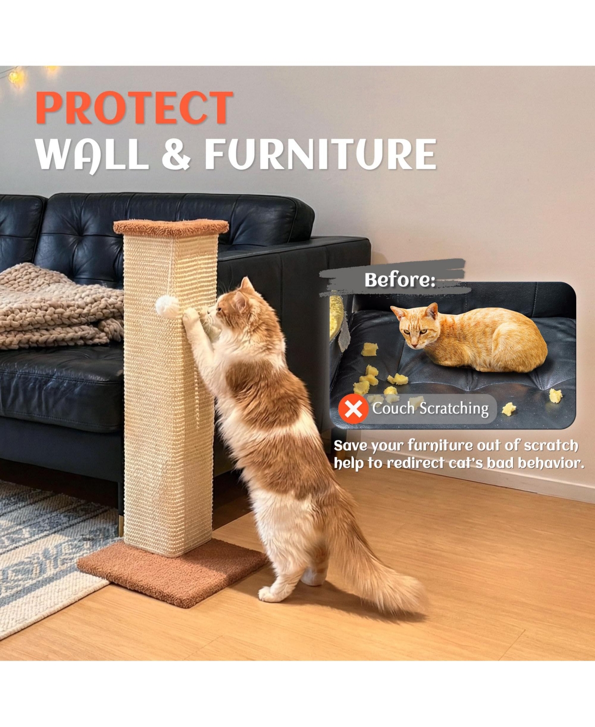 Aronkl Couch Corner Cat Scratcher Sisal Wall Scratch Pad Furniture Protection Plush Base Funnyball Included