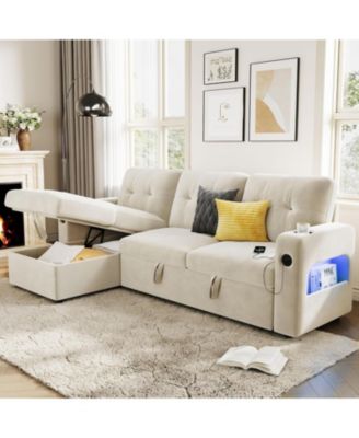 84 Inch Sleeper Sofa Couch for Living Room, L-Shaped Sofa, Convertible Pull Out Sofa Bed with Storage, Charging Station, Led Lights