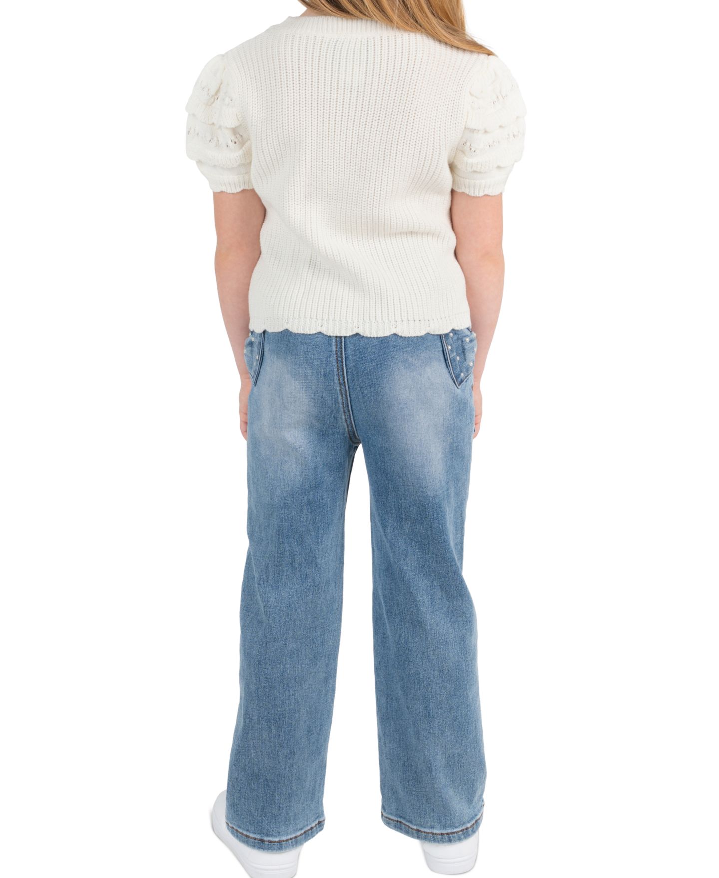 Rare Editions Girls' 2T-6X Crochet Knit Top and Bow Detail Rib Knit Jeans, 2-Piece Set, цвет: Слоновая кость — фото 3