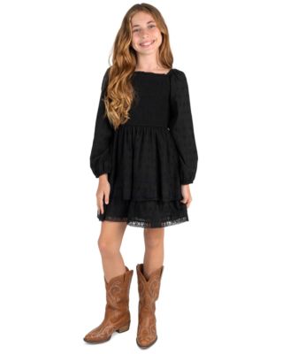 Girls' 7-14 Textured Clip Dot Smocked Bodice Long-Sleeve Dress
